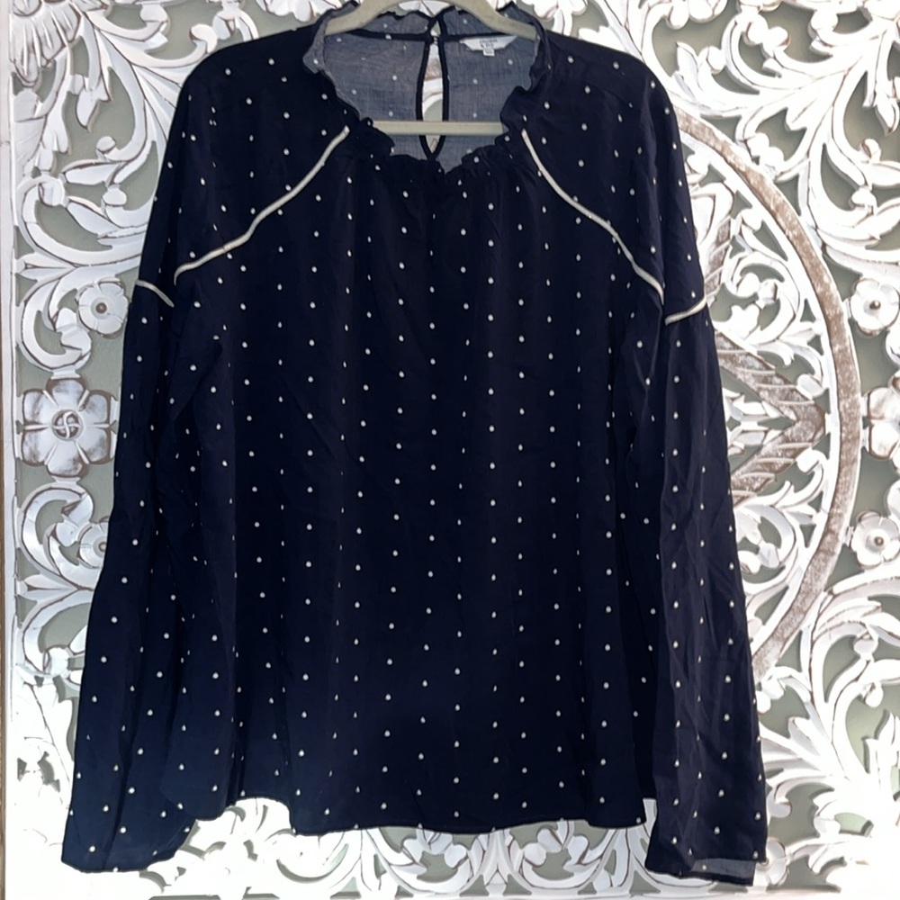 Crown & Ivy Curvey Blue and White Polka Dot Long Sleeve Blouse sz XXL EUC